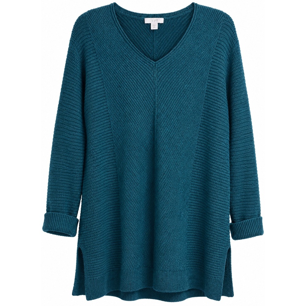 J. Jill Teal Blue Textured V-Neck Tunic Sweater XL Petite Cotton Blend Ribbed